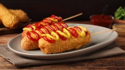 3 Corn Dogs mit Senf und Ketchup auf einem Teller.