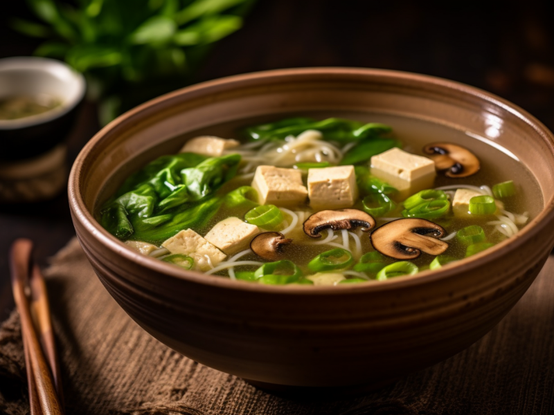 Eine Schüssel Pak-Choi-Suppe mit Tofu und Pilzen. Im Hintergrund sind Zutaten zu sehen.