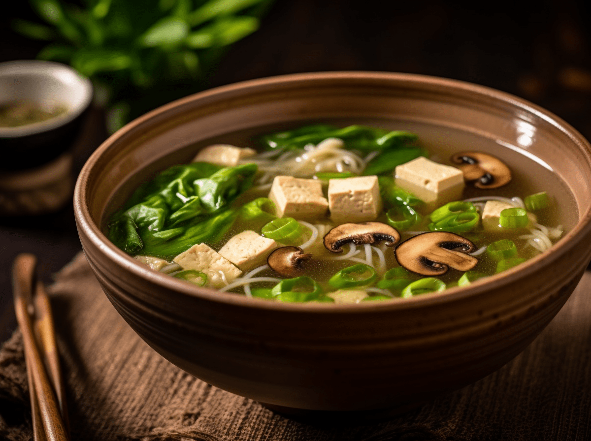 Eine Schüssel Pak-Choi-Suppe mit Tofu und Pilzen. Im Hintergrund sind Zutaten zu sehen.