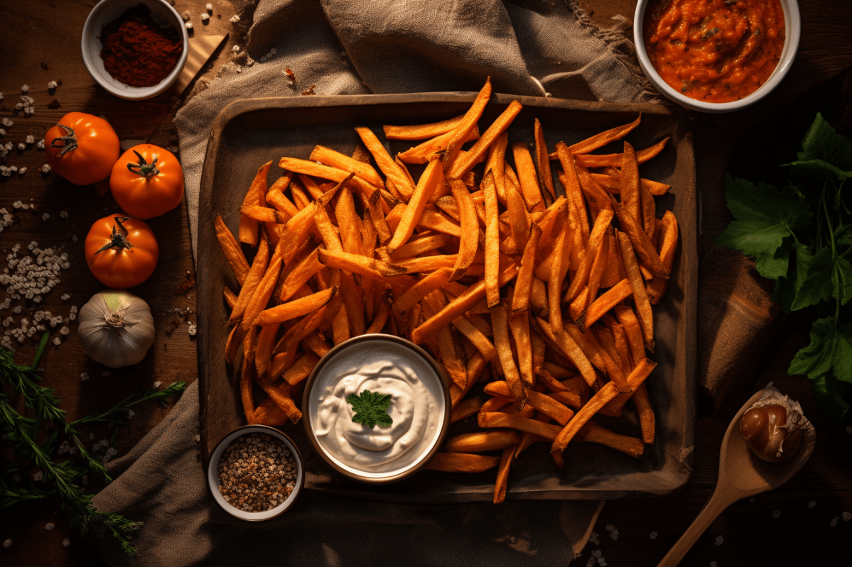 Süßkartoffel-Pommes, angerichtet auf einem Blech mit Dip. Gemüse liegt als Deko außen herum.