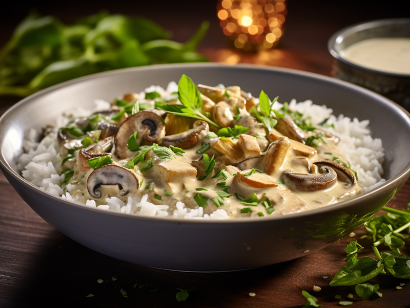 Pilz-Curry in einer Schüssel serviert.