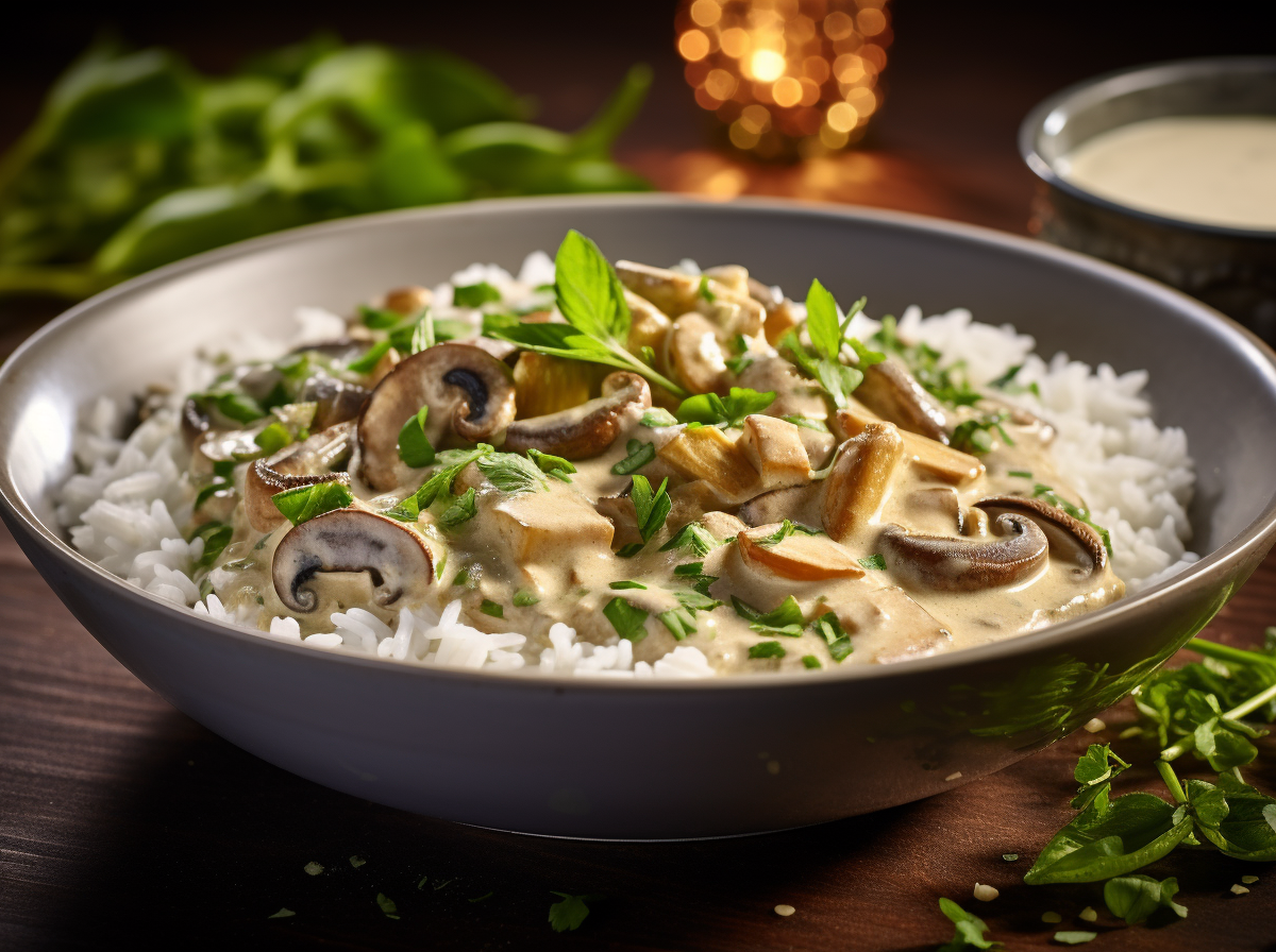 Pilz-Curry in einer SchÃ¼ssel serviert.