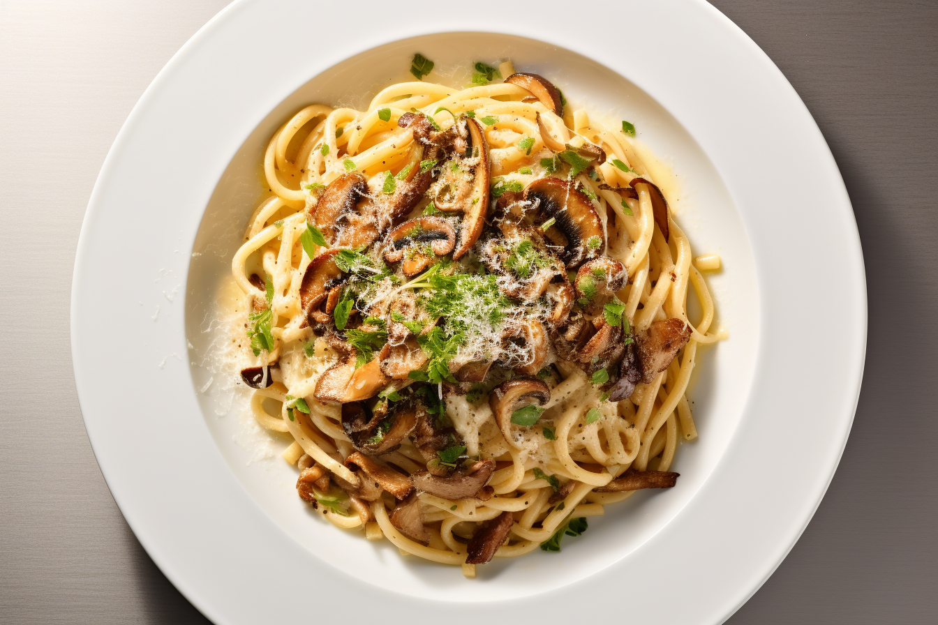 Pasta mit Steinpilzen: Frisch gekochte Pasta in einer cremigen SoÃŸe mit sautierten Steinpilzen, garniert mit geriebenem Parmesan.