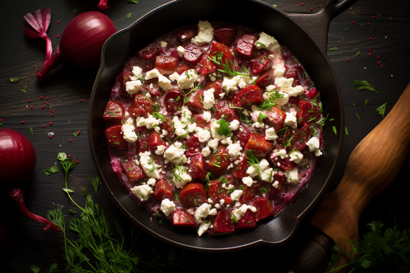 Rote Bete-Pfanne: Eine Pfanne mit gebratenen roten Bete StÃ¼cken, Zwiebeln und GewÃ¼rzen, garniert mit Feta und Dill.