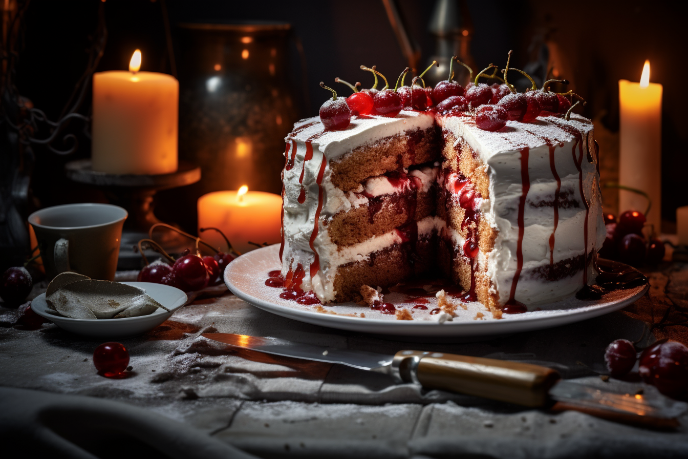 Kirschkuchen mit BlutfÃ¼llung. Midjourney: Dieses Bild wurde mit der Hilfe einer KI erstellt.