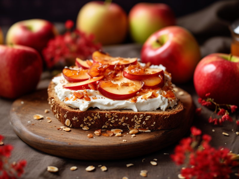 Ein Bratapfel-Toast mit Frischkäse und Apfelscheiben belegt auf einem Brett, dahinter frische ganze Äpfel.