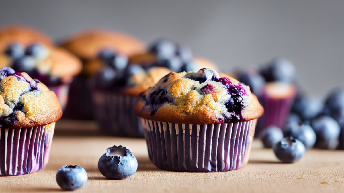 Heidelbeer-Muffins mit frischen Heidelbeeren danaben