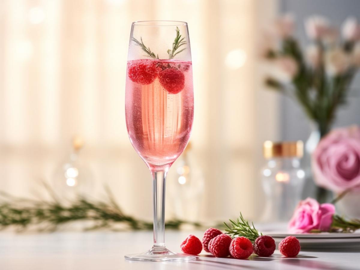 Tipsy Rudolph: Ein elegantes Flötenglas, das mit seiner rosa Flüssigkeit für eine festliche Färbung gefüllt ist, garniert mit frischen Himbeeren und einem Rosmarinzweig, der an ein kleines Feuerwerk erinnert.