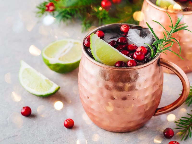 Cranberry Moscow Mule mit Limettenscheibe und frischen Cranberrys in Kupferbecher.