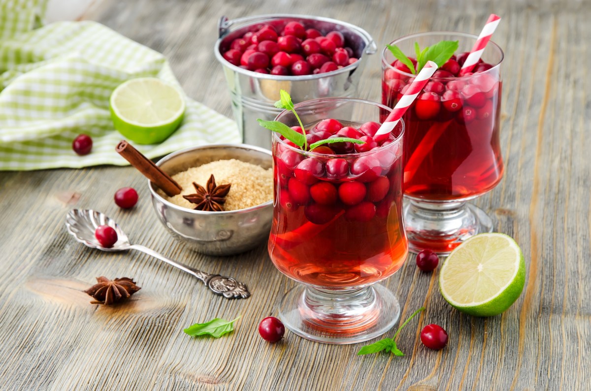 2 Gläser Cranberry Paloma mit Cranberrys und Strohhalm, drumherum Zutaten wie Zucker, Cranberrys, Anis und Zimtstangen.