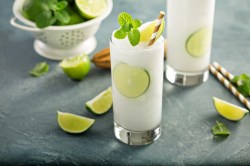 2 Gläser Frozen Gin Tonic mit Minze und Limetten und Strohhalm, drumherum Limettenspalten.