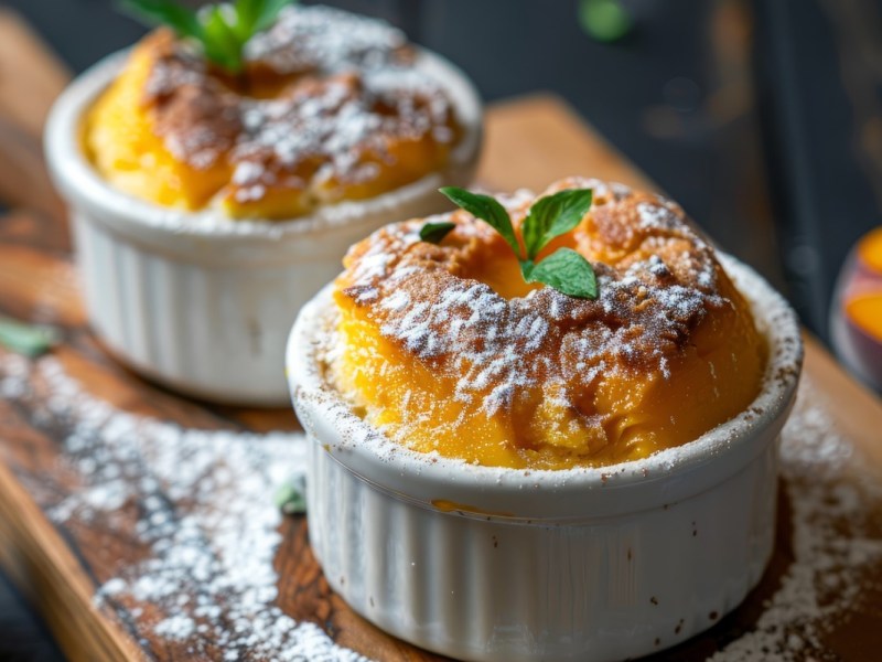 Zwei Grießsoufflés mit Puderzucker in kleinen Auflaufformen.