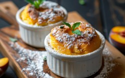 Zwei Grießsoufflés mit Puderzucker in kleinen Auflaufformen.