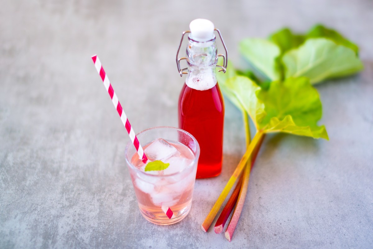 Flasche mit Rhabarber-Sirup, einem Glas Rhabarber-Limonade und Rhabarberstiel