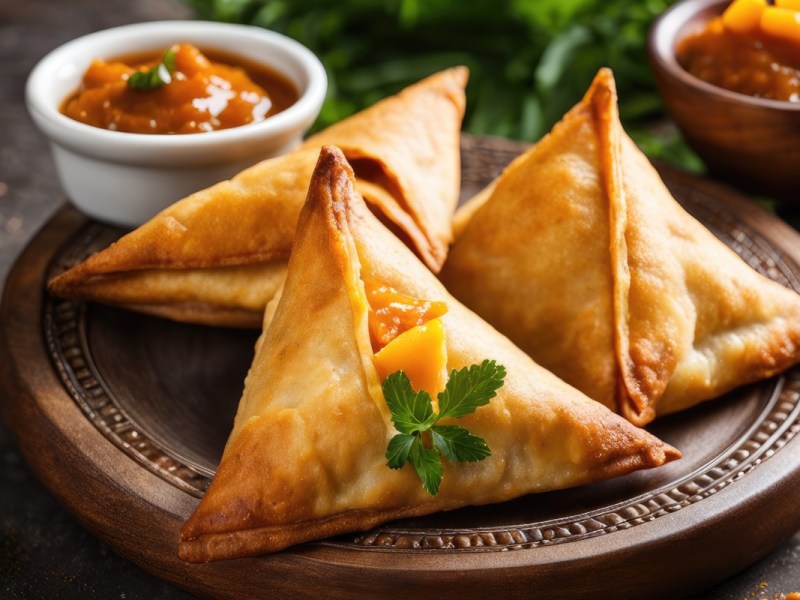 Drei süße Samosas mit Mango-Kokos-Füllung. Schalen mit Mango-Chutney stehen im Hintergrund.