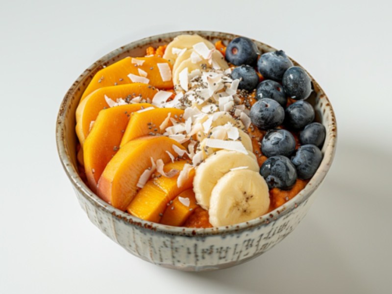 Eine Süßkartoffel-Bowl mit Banane, Pfirsich, Blaubeeren und Koksflocken.