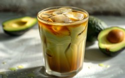 Ein Glas Avocado-Kaffee. Im Hintergrund liefen Avocados.