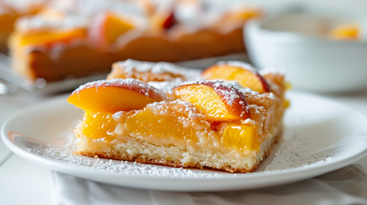 Ein Stück Pfirsich-Blechkuchen auf weißem Teller.