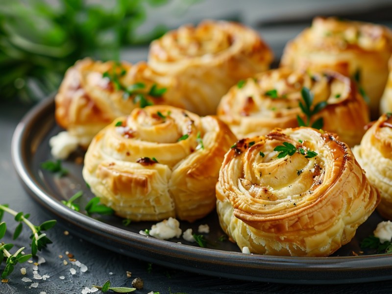 Feta-Blätterteig-Schnecken auf einem dunklen Teller, garniert mit Kräutern, Nahaufnahme.