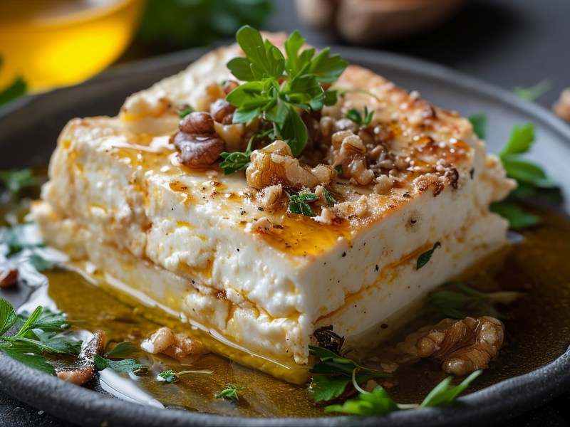 Gebackener Feta mit Walnüssen und Honig auf einem dunklen Teller