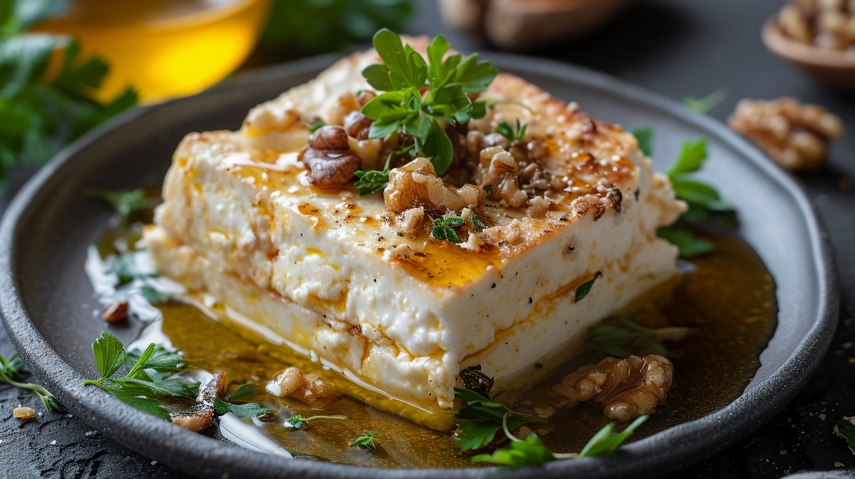 Gebackener Feta mit Walnüssen und Honig auf einem dunklen Teller