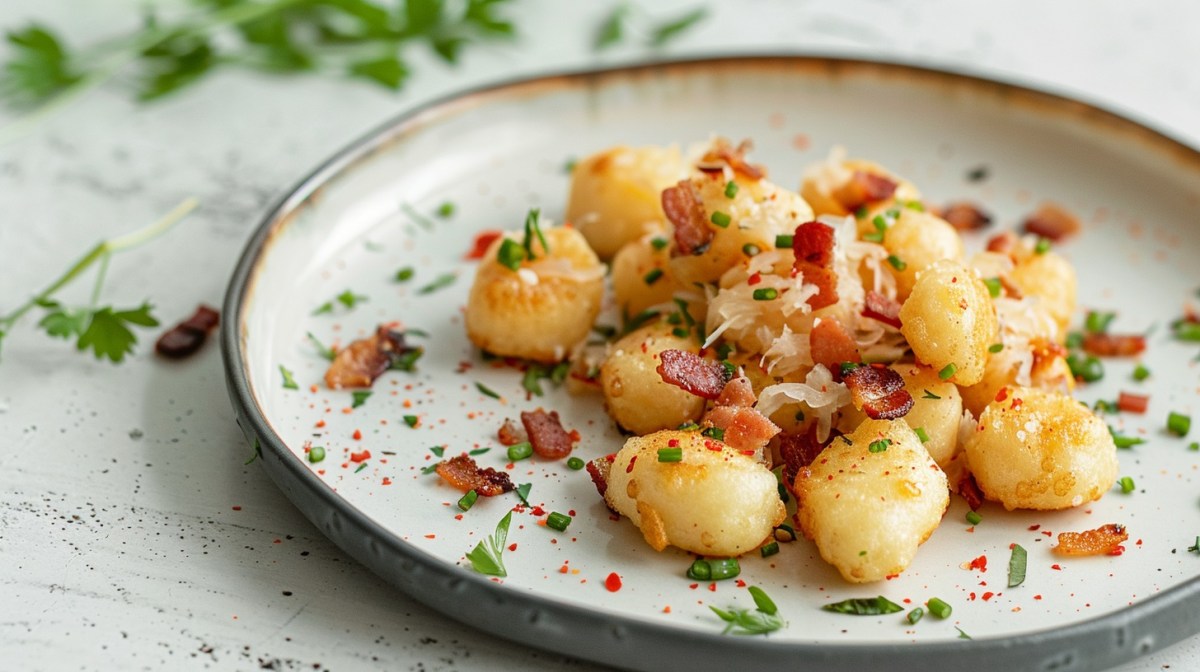 Ein Teller Gebratene Gnocchi mit Sauerkraut und Speck, Nahaufnahme.