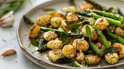 Ein Teller gebratene Gnocchi mit Spargel und Salbeibutter. daneben Knoblauchzehen, Nahaufnahme.