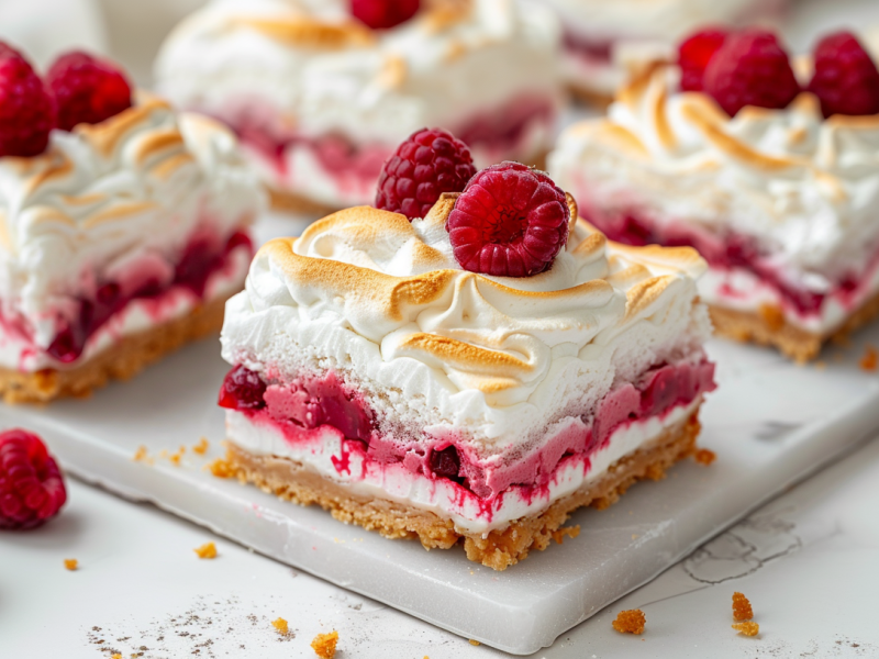 Himbeer-Cheesecake mit Baiser auf einer weißen Marmorplatte.