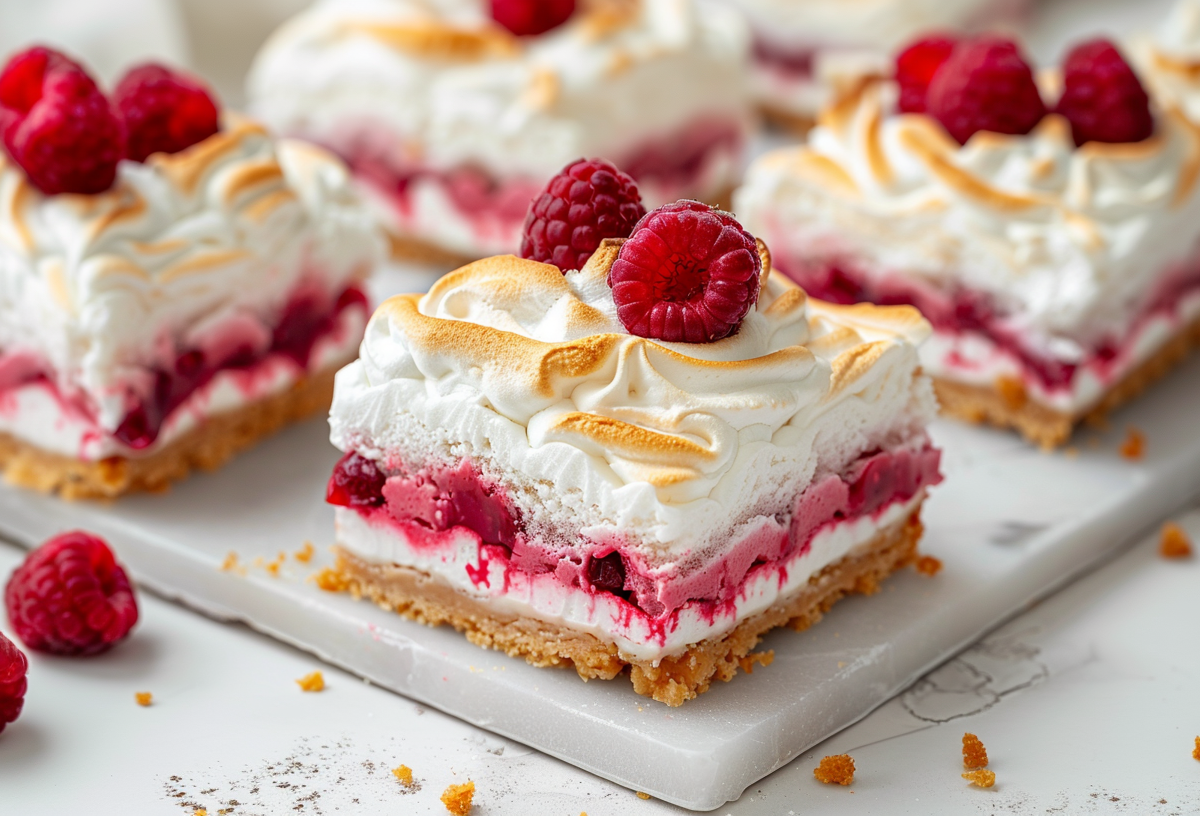 Himbeer-Cheesecake mit Baiser auf einer weißen Marmorplatte.