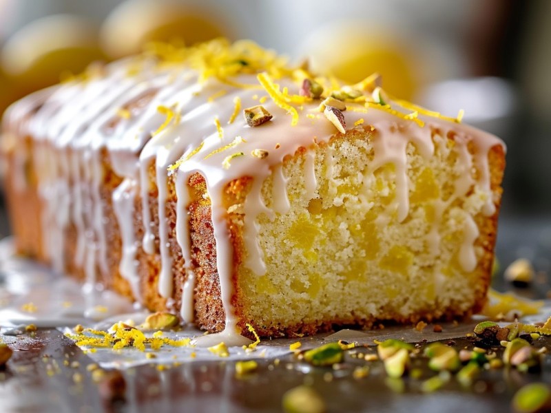 Kokos-Zitronen-Kuchen mit Zuckerguss, Zitronenabrieb und Pistazien garniert.