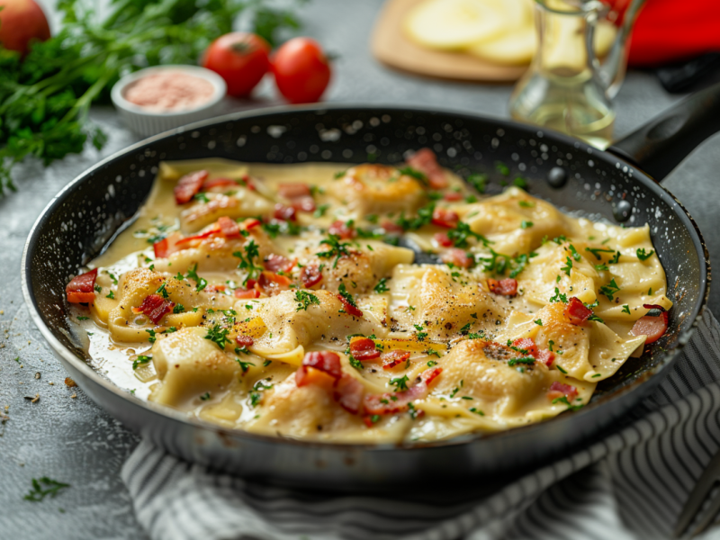 Maultaschenpfanne mit Apfel und Bacon in einer schwarzen Pfanne. Daneben liegen Zutaten.