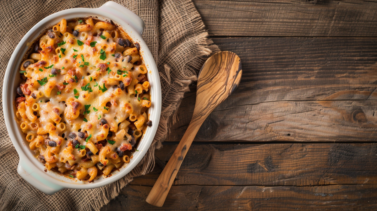 Nudelauflauf mit Chili con Carne in einer Auflaufform, daneben liegt ein Holzlöffel.