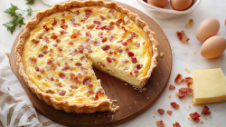 Eine Quiche Lorraine, von der ein Stück entnommen wurde, auf einem Holzbrett.