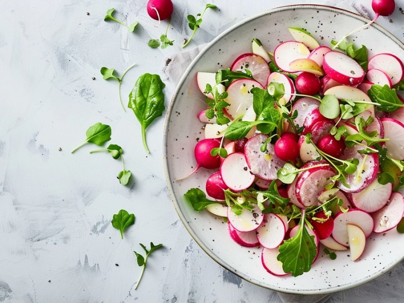 Radieschensalat mit Apfel auf weißem Teller