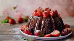 Schokoladen-Gugelhupf mit Erdbeeren dekoriert.