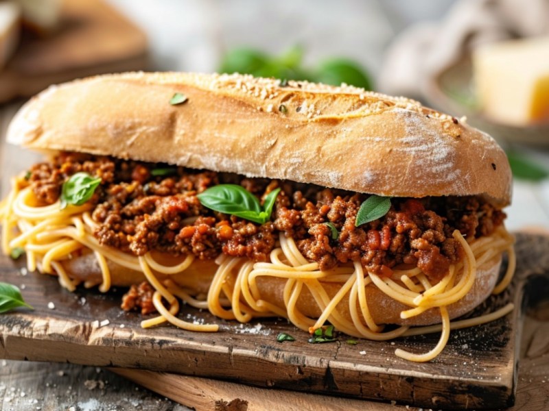 ein Spaghetti-Bolognese-Sandwich im Baguettebrötchen auf einem Brett, garniert mit Basilikum.