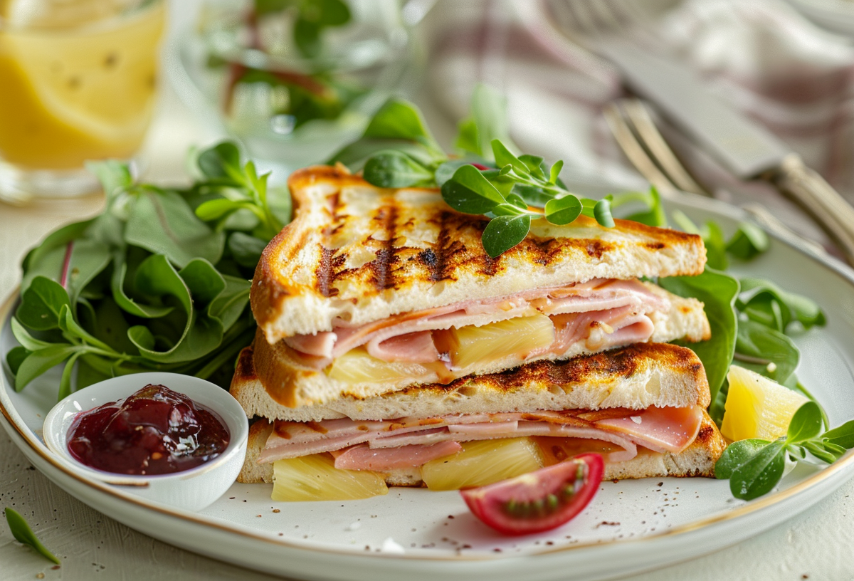 Toast Hawaii aus dem Sandwichtoaster auf einem Teller, serviert mit Preiselbeeren und Salat.