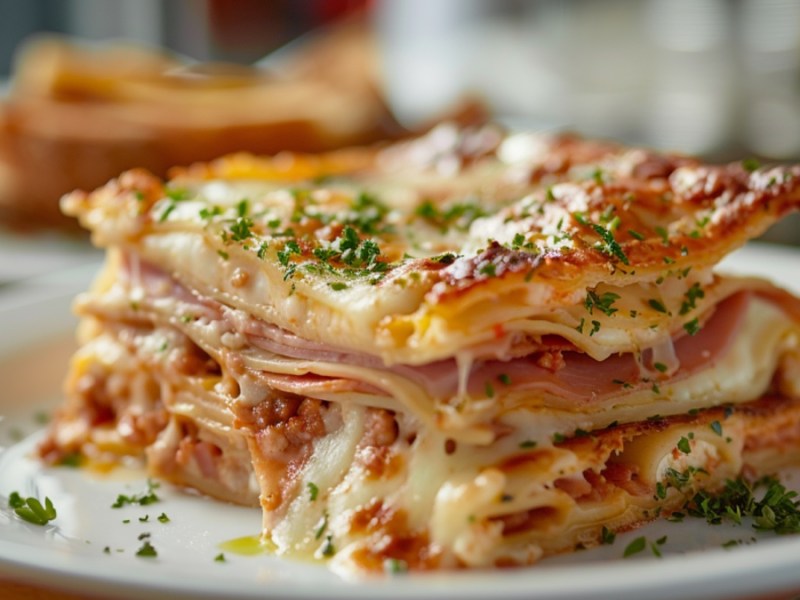 Lasagne mit Toastbrot, Schinken und Käse.