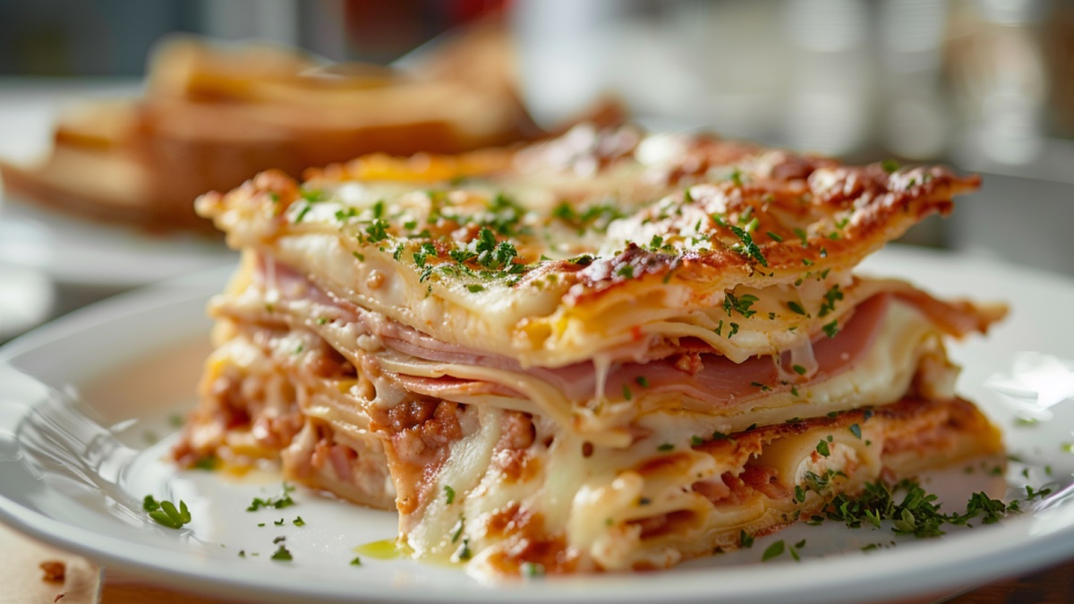 Lasagne mit Toastbrot, Schinken und Käse.