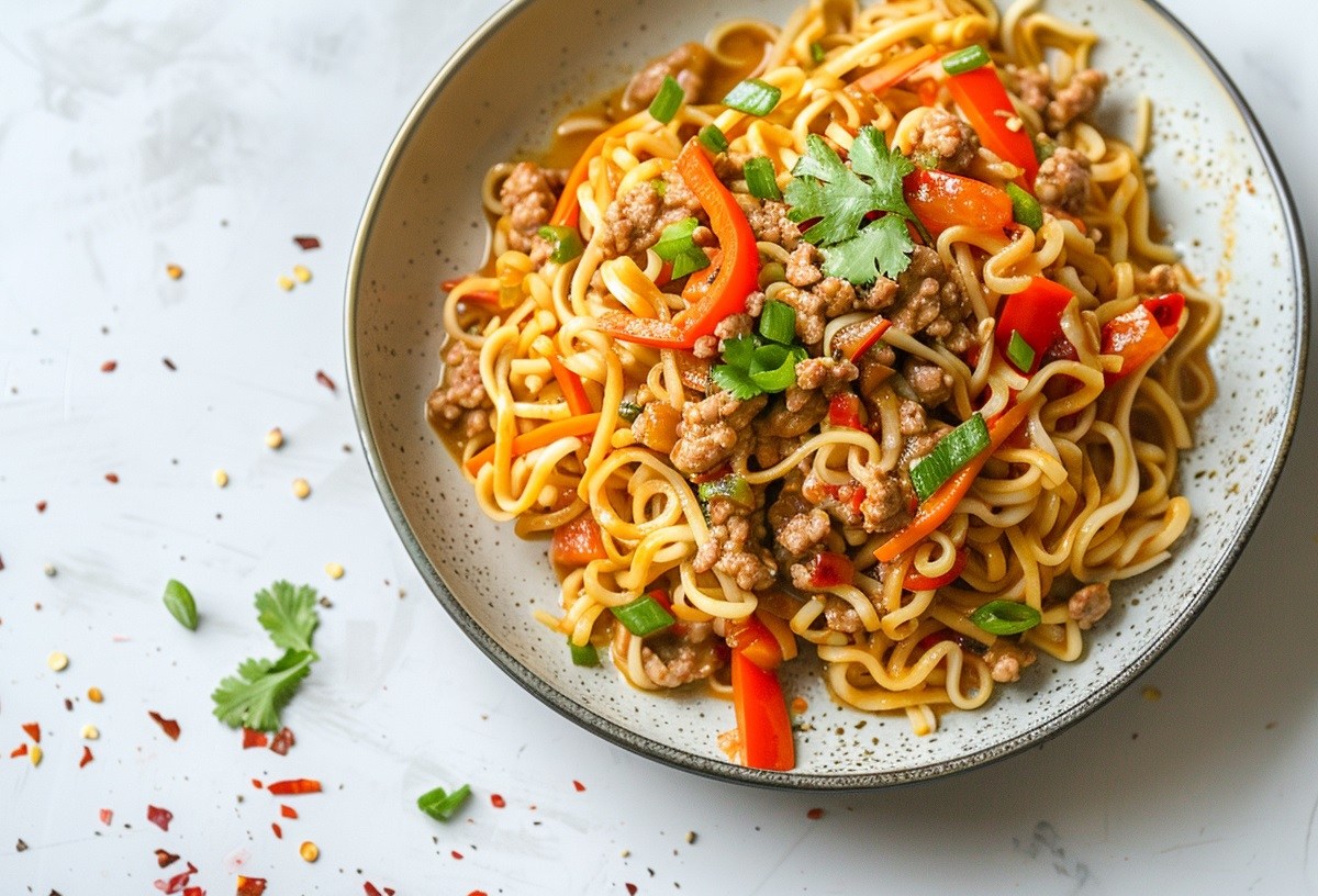 Ein Teller asiatische Bolognese mit Nudeln, Paprika und Möhren, bestreut mit Koriander und Frühlingszwiebeln, Draufsicht.