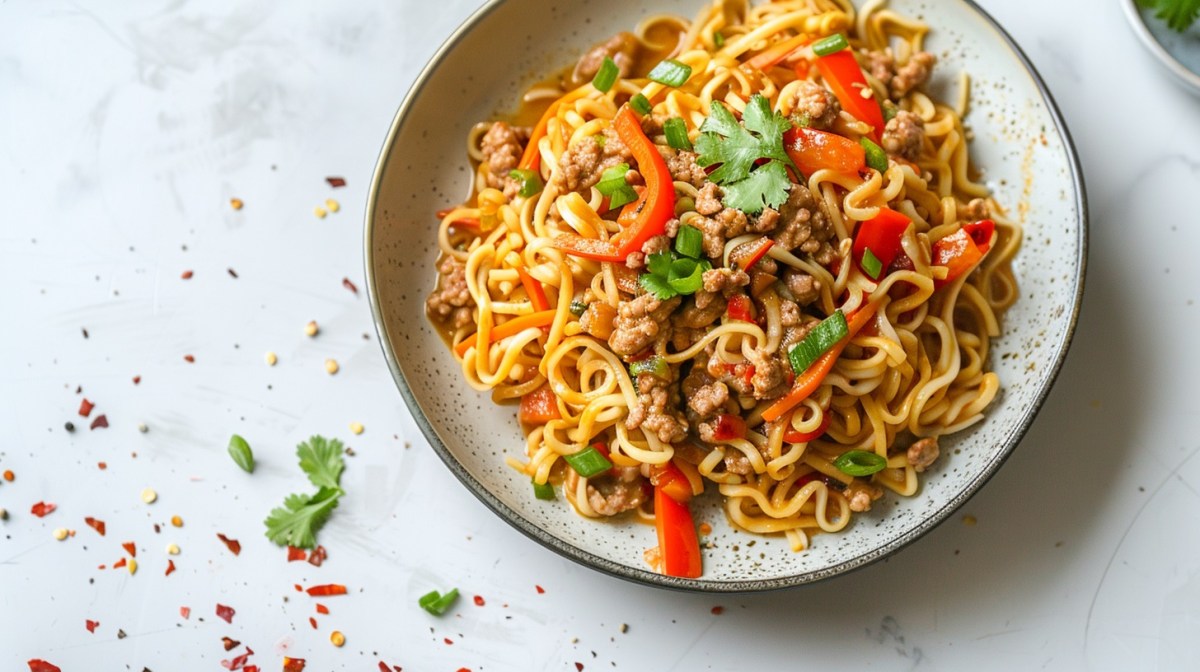 Ein Teller asiatische Bolognese mit Nudeln, Paprika und Möhren, bestreut mit Koriander und Frühlingszwiebeln, Draufsicht.