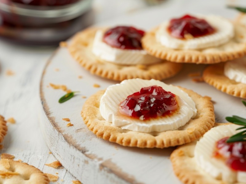 Camembert-Cracker mit Marmelade auf einem weißen Teller.