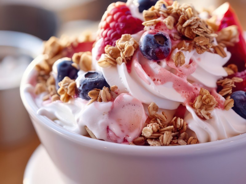 Schale mit Frozen Joghurt, Knuspermüsli und Beeren.