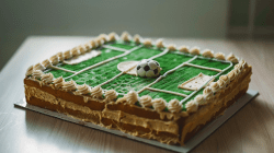 Ein dekorierter Fußballfeld-Kuchen auf einem Tisch.