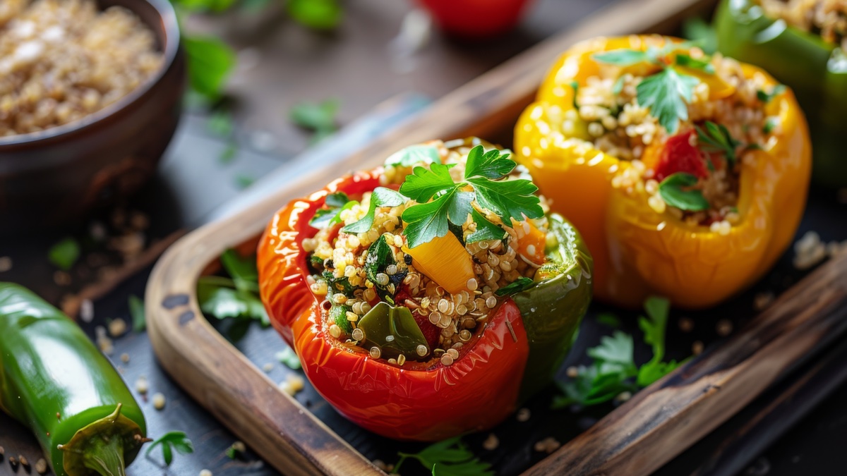 Gefüllte Paprika mit Quinoa auf braunem Brett.