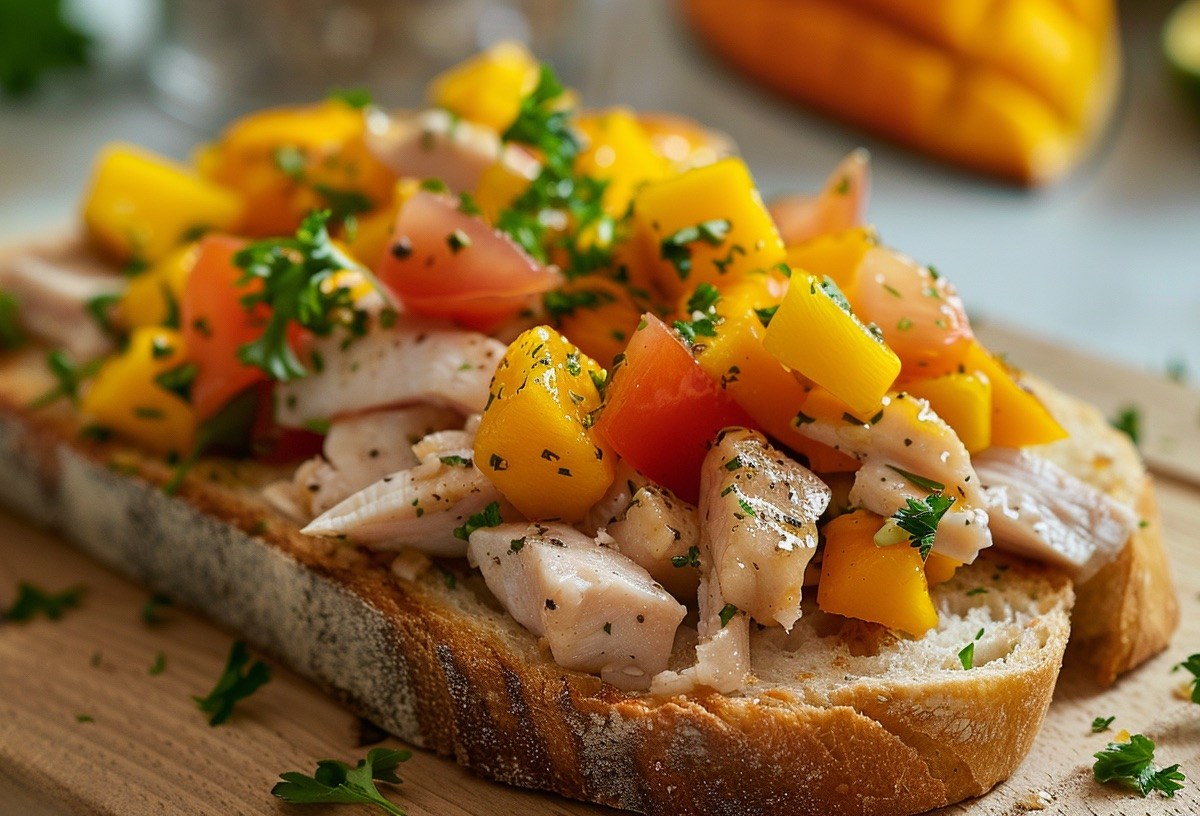 Hähnchen-Mango-Toast mit Kräutern in Nahaufnahme