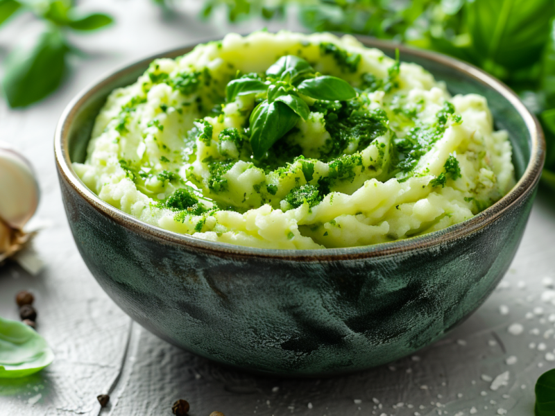 Eine Schüssel Kartoffelpüree mit Kräuterpesto, drumherum Basilikum und Knoblauch, Nahaufnahme.