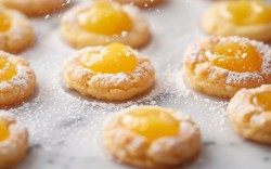 Lemon-Curd-Cookies mit Puderzucker auf Backpapier.