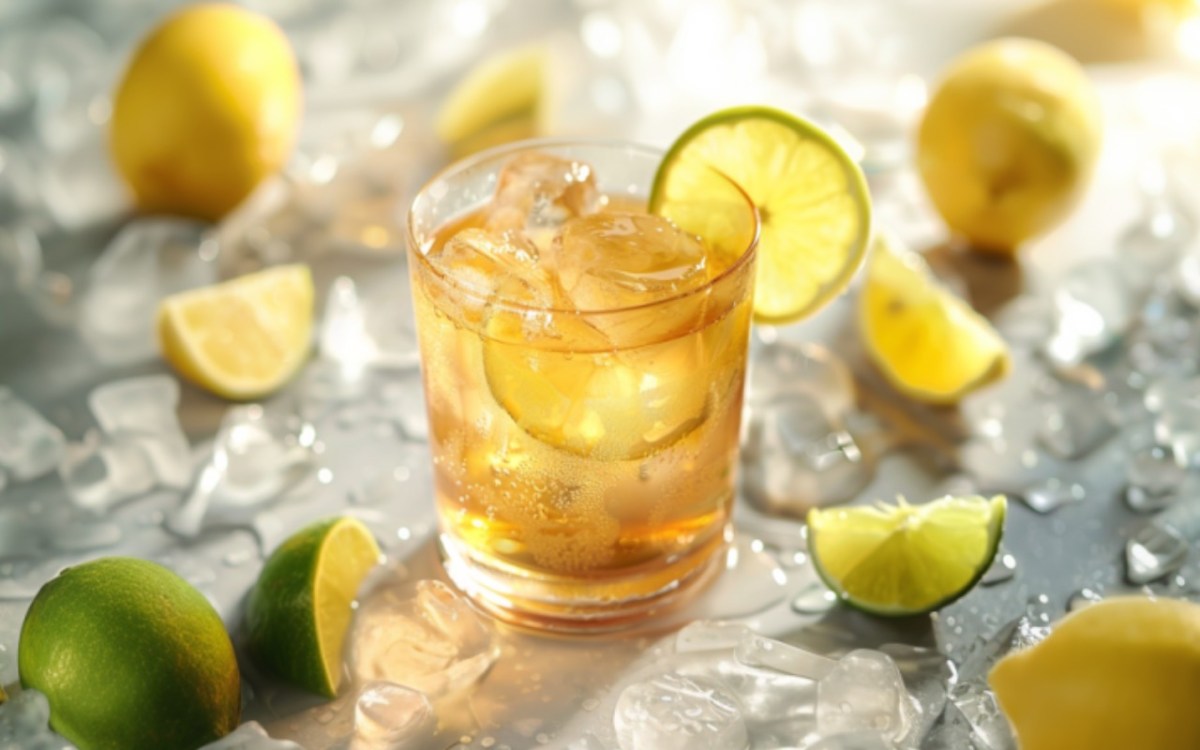 Ein Glas Lynchburg Lemonade. Drumherum Limetten und Zitronen.