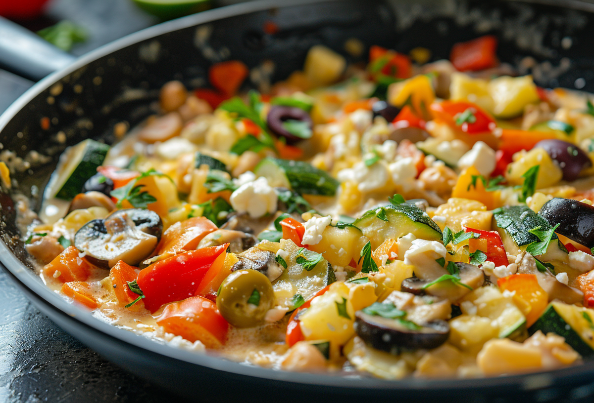 Mediterrane Gemüsepfanne mit Zucchini. Aubergine, Pilzen, Feta und weiteren Zutaten.